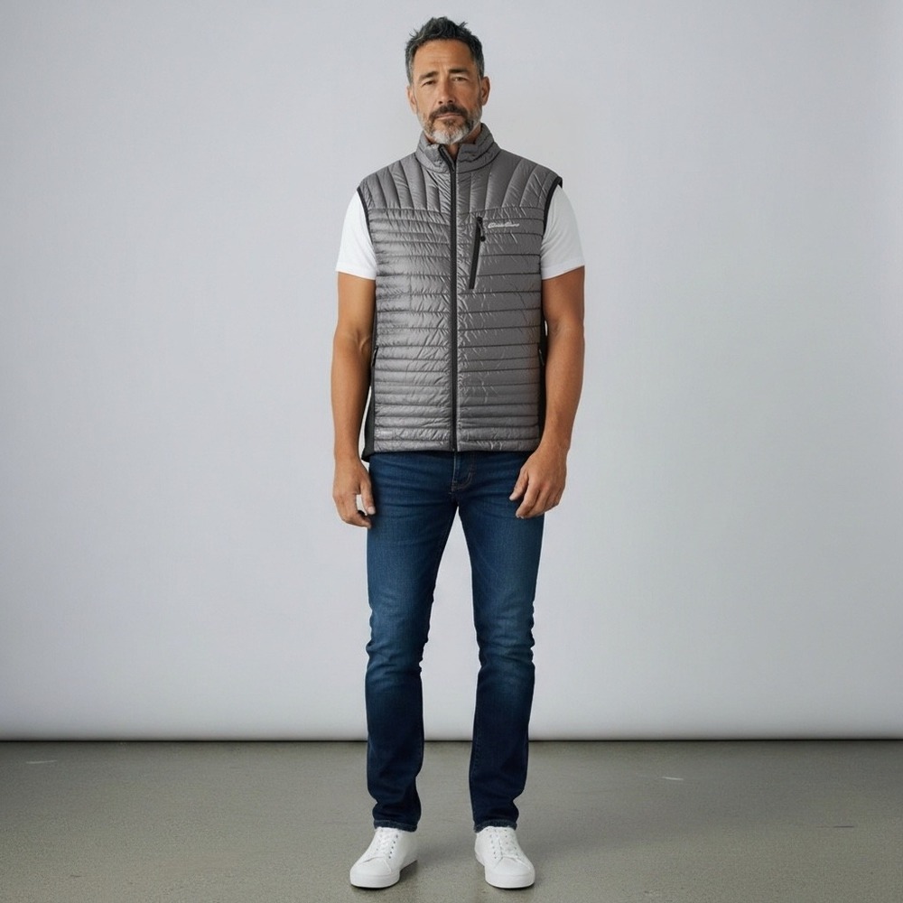 Eddie Bauer Mens StormDown 800 Puffer Vest Gray Black XL Hybrid Goose Down